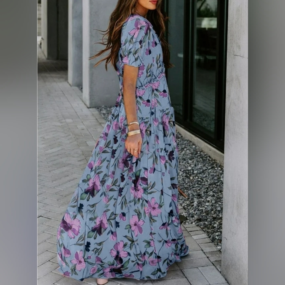 NWT Floral Print Maxi Dress in Blue with Pink Blossoms